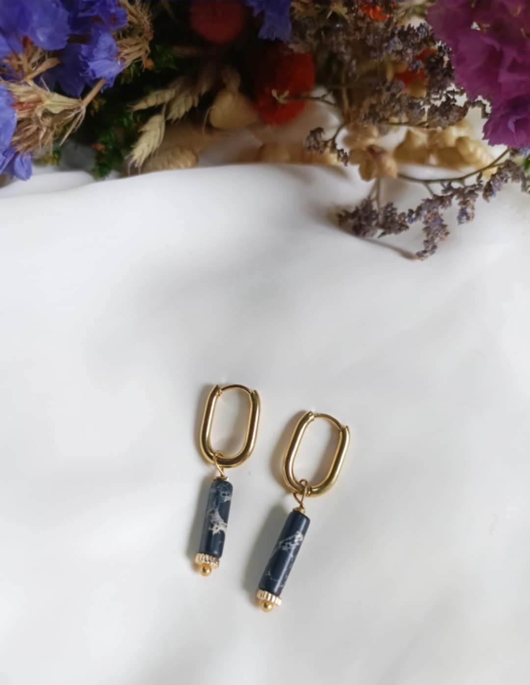 Boucles d'oreilles en acier inoxydable - Sacha pierre semi précieuse onyx marbrée